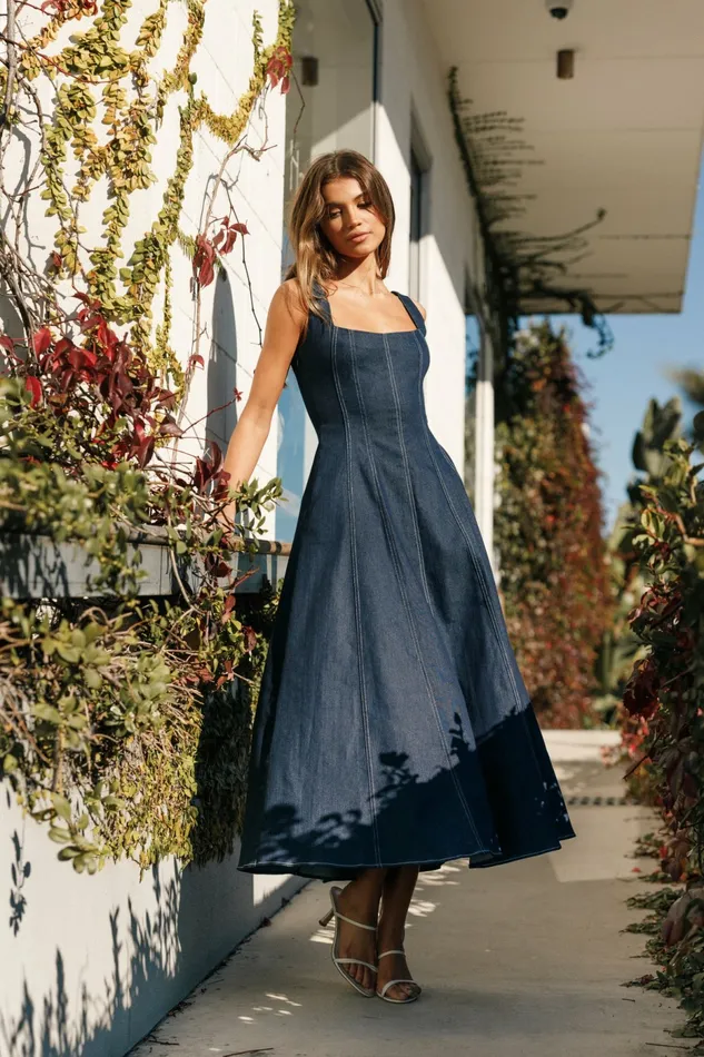 Women Petal and Pup Callum Midi Dress Dark Denim Denim