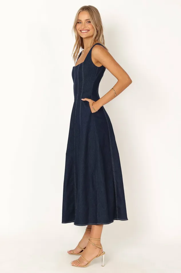 Women Petal and Pup Callum Midi Dress Dark Denim Denim