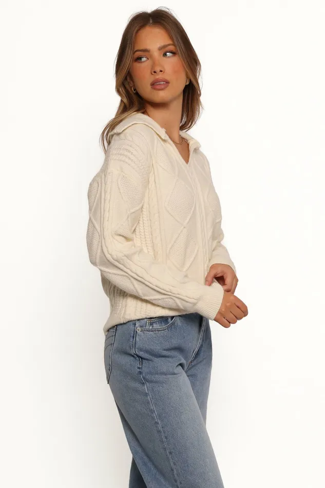 Women Petal and Pup Robbie Collar Neck Cable Knit Sweater Cream Sweaters