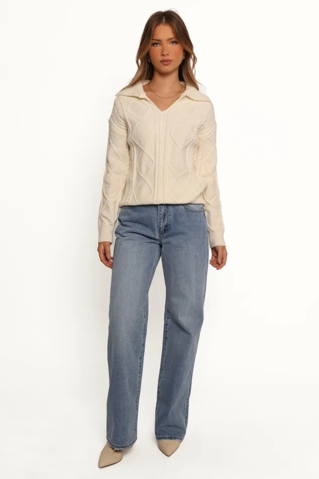 Women Petal and Pup Robbie Collar Neck Cable Knit Sweater Cream Sweaters