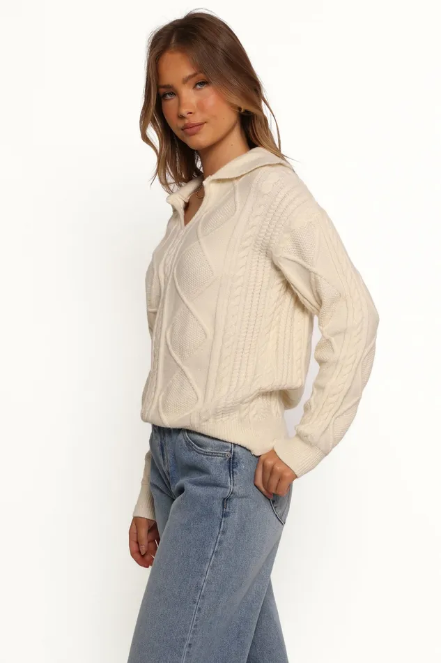 Women Petal and Pup Robbie Collar Neck Cable Knit Sweater Cream Sweaters
