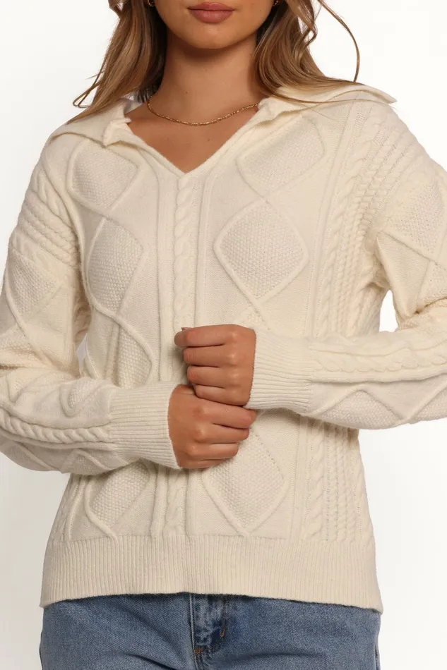 Women Petal and Pup Robbie Collar Neck Cable Knit Sweater Cream Sweaters