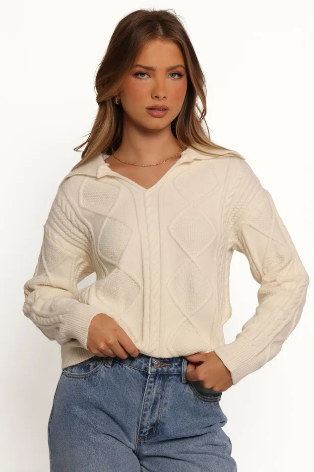 Women Petal and Pup Robbie Collar Neck Cable Knit Sweater Cream Sweaters