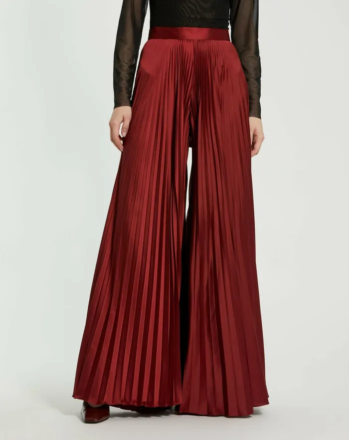 Women Pleated Charmeuse Wide Leg Pants Oxblood Pants Mac Duggal