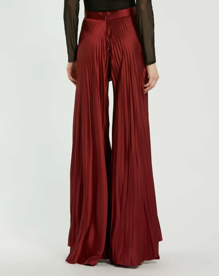 Women Pleated Charmeuse Wide Leg Pants Oxblood Pants Mac Duggal