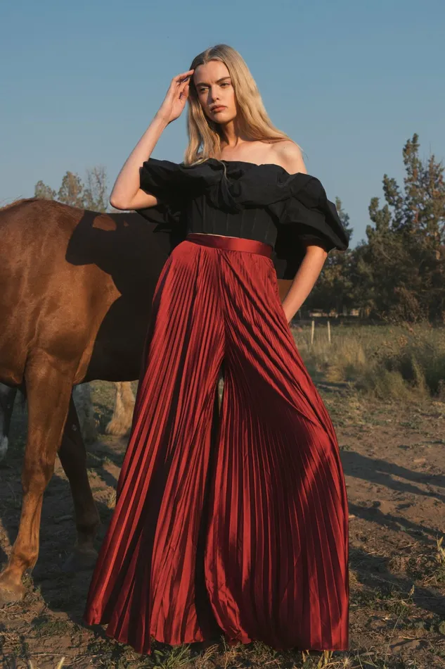 Women Pleated Charmeuse Wide Leg Pants Oxblood Pants Mac Duggal