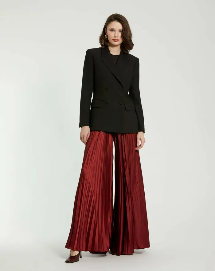 Women Pleated Charmeuse Wide Leg Pants Oxblood Pants Mac Duggal