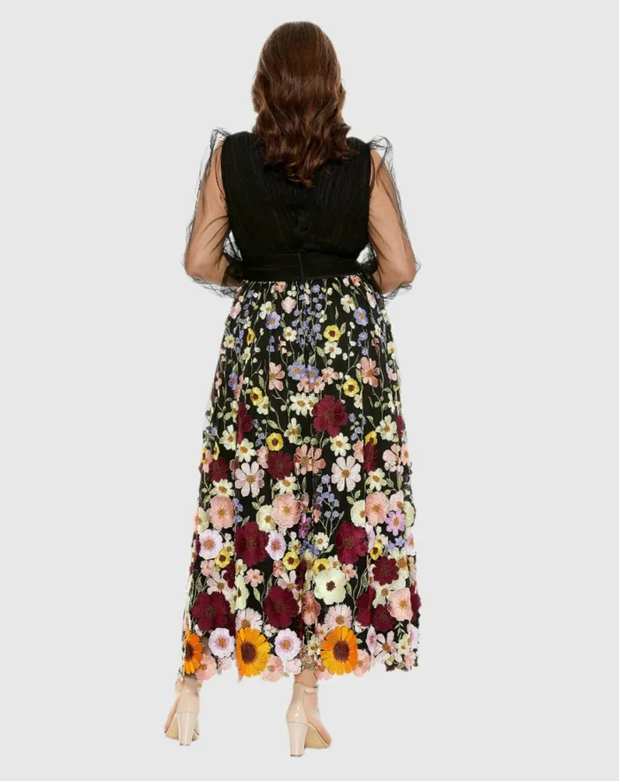 Women Plus Size Dresses Mac Duggal Embroidered Puff Sleeve A Line Dress Black Multi