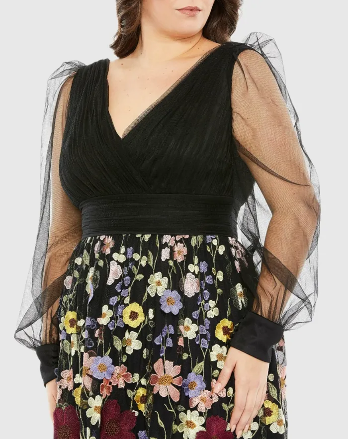 Women Plus Size Dresses Mac Duggal Embroidered Puff Sleeve A Line Dress Black Multi