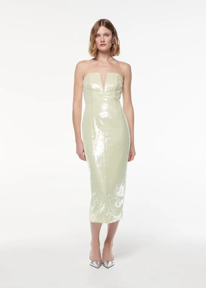 Women Roland Mouret Clothing Strapless V Neck Sequin Midi Dress