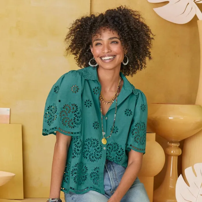 Women Rosalie Eyelet Top Petite Teal Sundance Catalog Petite Styles