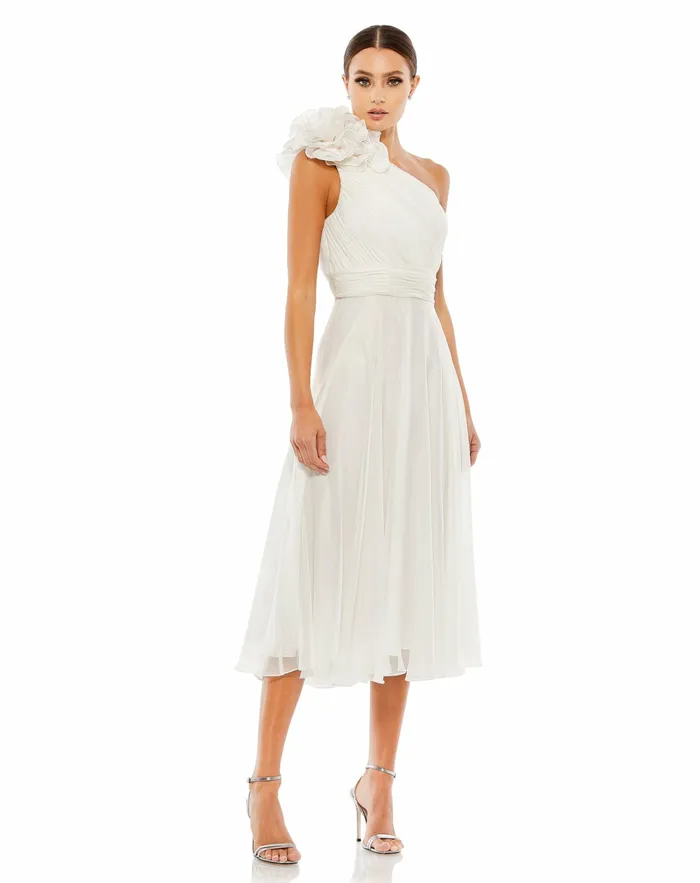 Women Rosette One Shoulder Tea Length Dress White Cocktail Dresses Mac Duggal