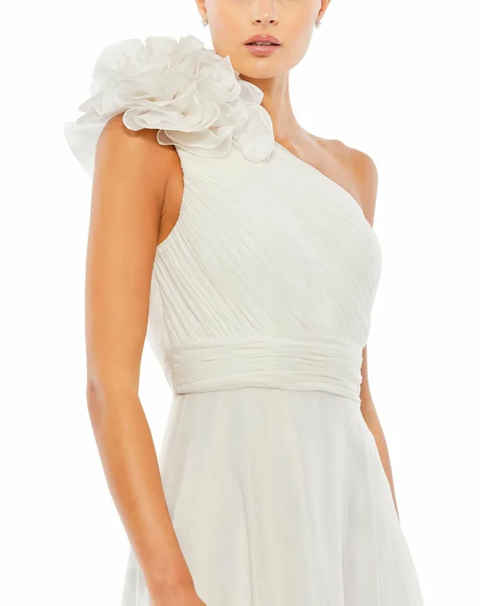 Women Rosette One Shoulder Tea Length Dress White Cocktail Dresses Mac Duggal Women Rosette One Shoulder Tea Length Dress White Cocktail Dresses Mac Duggal