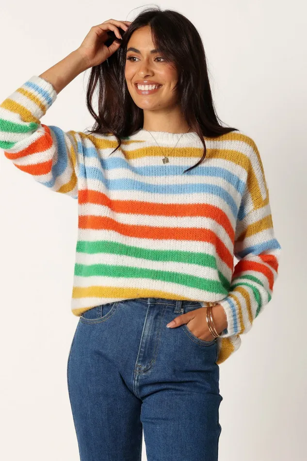 Women Sasha Multi Stripe Crewneck Knit Sweater Multi Sweaters Petal and Pup