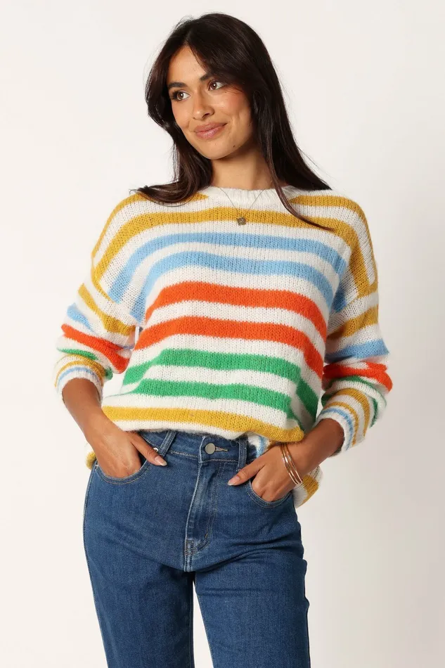 Women Sasha Multi Stripe Crewneck Knit Sweater Multi Sweaters Petal and Pup
