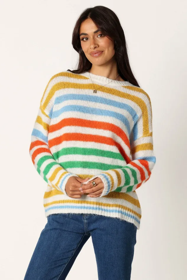 Women Sasha Multi Stripe Crewneck Knit Sweater Multi Sweaters Petal and Pup