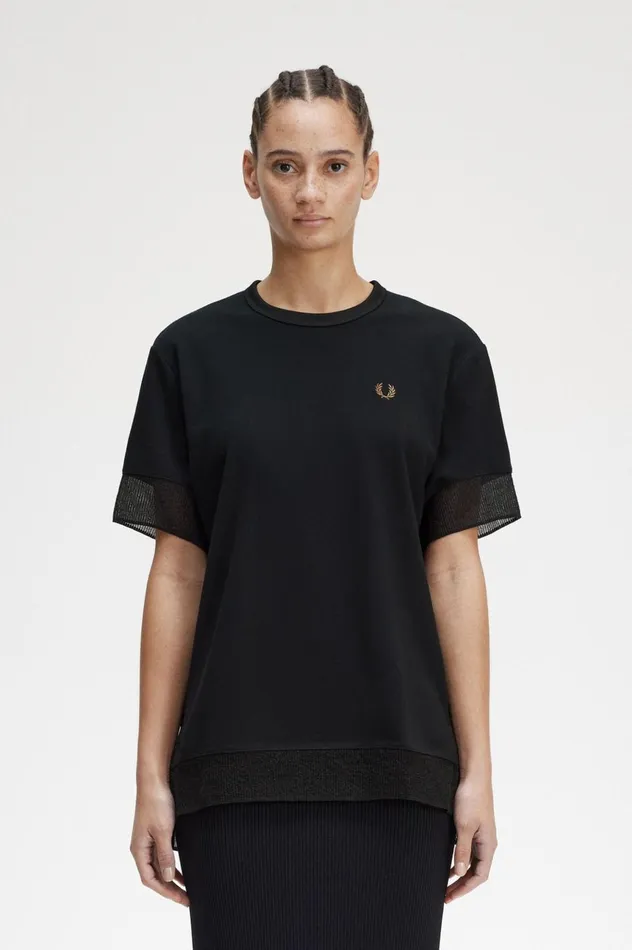 Women Sheer Trim Piqu TShirt Black Fred Perry TShirts and Tops