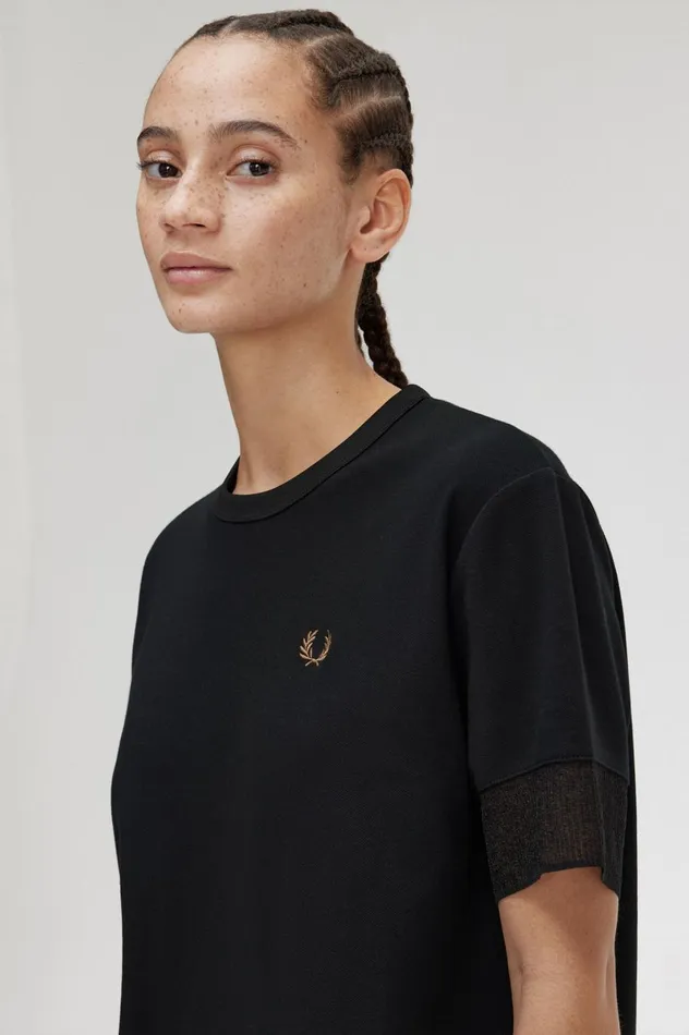 Women Sheer Trim Piqu TShirt Black Fred Perry TShirts and Tops
