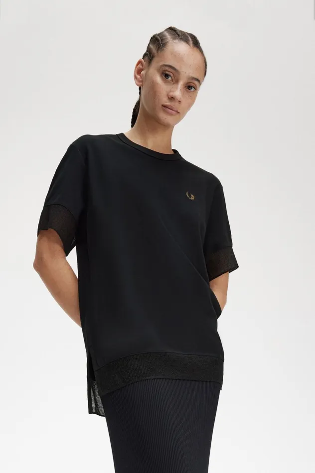 Women Sheer Trim Piqu TShirt Black Fred Perry TShirts and Tops