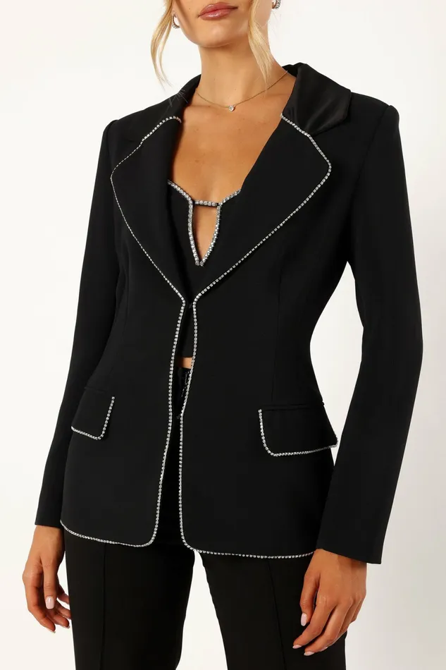 Women Shiloh Crystal Embellished Blazer Black Jackets and Coats Petal and Pup