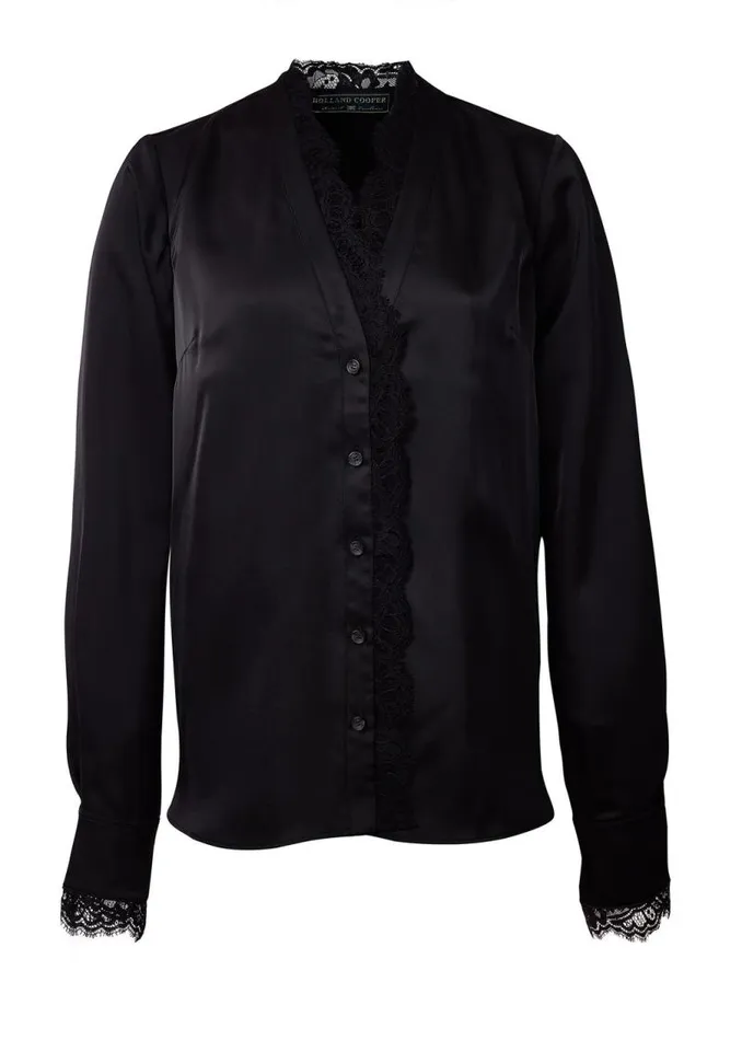 Women Shirts and Blouses Holland Cooper Lace VNeck Blouse Black Satin Women Shirts and Blouses Holland Cooper Lace VNeck Blouse Black Satin