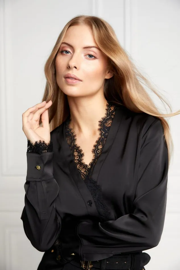 Women Shirts and Blouses Holland Cooper Lace VNeck Blouse Black Satin Women Shirts and Blouses Holland Cooper Lace VNeck Blouse Black Satin