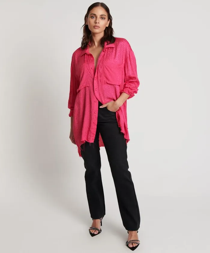 Women SHOCKING PINK JACQUARD LONGLINE SHIRT One Teaspoon Shirts