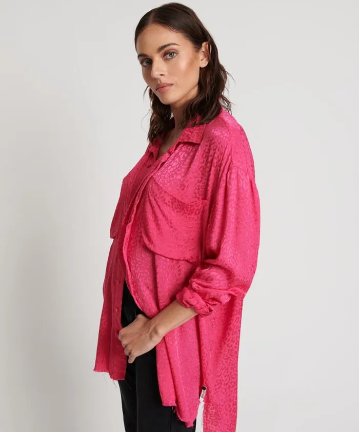 Women SHOCKING PINK JACQUARD LONGLINE SHIRT One Teaspoon Shirts Women SHOCKING PINK JACQUARD LONGLINE SHIRT One Teaspoon Shirts
