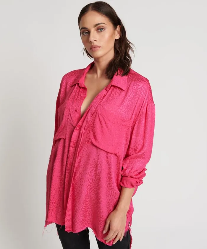 Women SHOCKING PINK JACQUARD LONGLINE SHIRT One Teaspoon Shirts Women SHOCKING PINK JACQUARD LONGLINE SHIRT One Teaspoon Shirts
