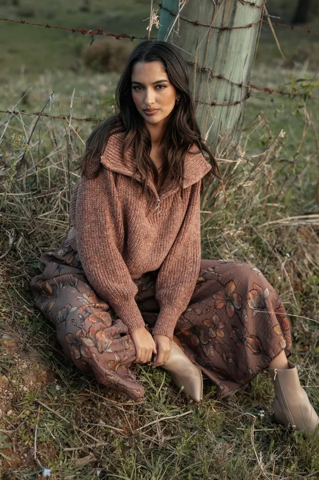 Women Sweaters Petal and Pup Hallow Collar Quarter Zip Sweater Brown