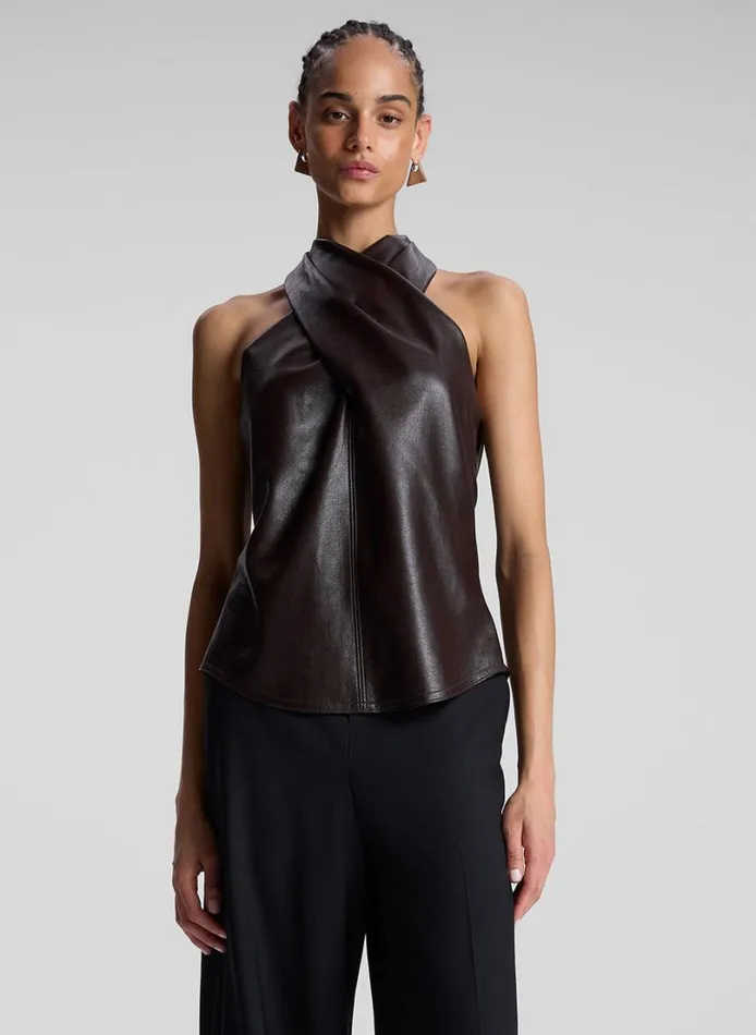 Women Tops ALC Quinn Vegan Leather Halter Top Chocolate Plum