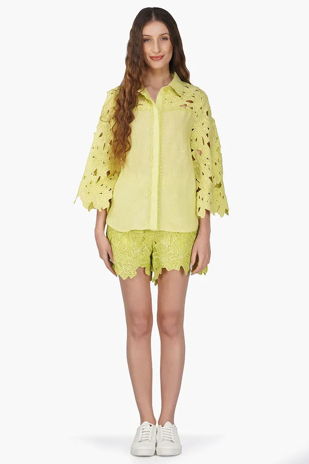 Women Tops America and Beyond Fall For Neon Floral Lace Shirt