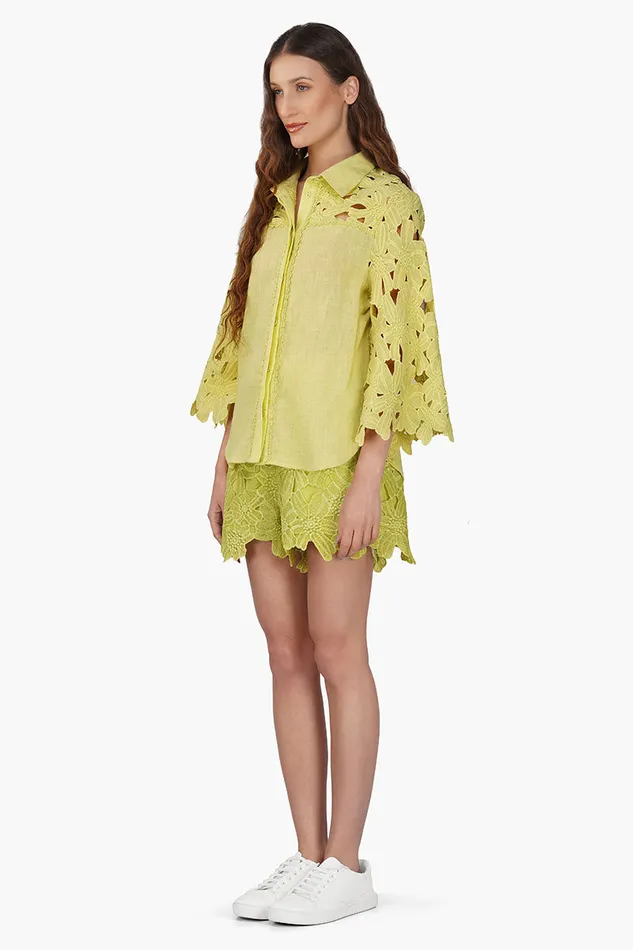 Women Tops America and Beyond Fall For Neon Floral Lace Shirt