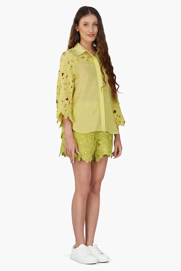 Women Tops America and Beyond Fall For Neon Floral Lace Shirt