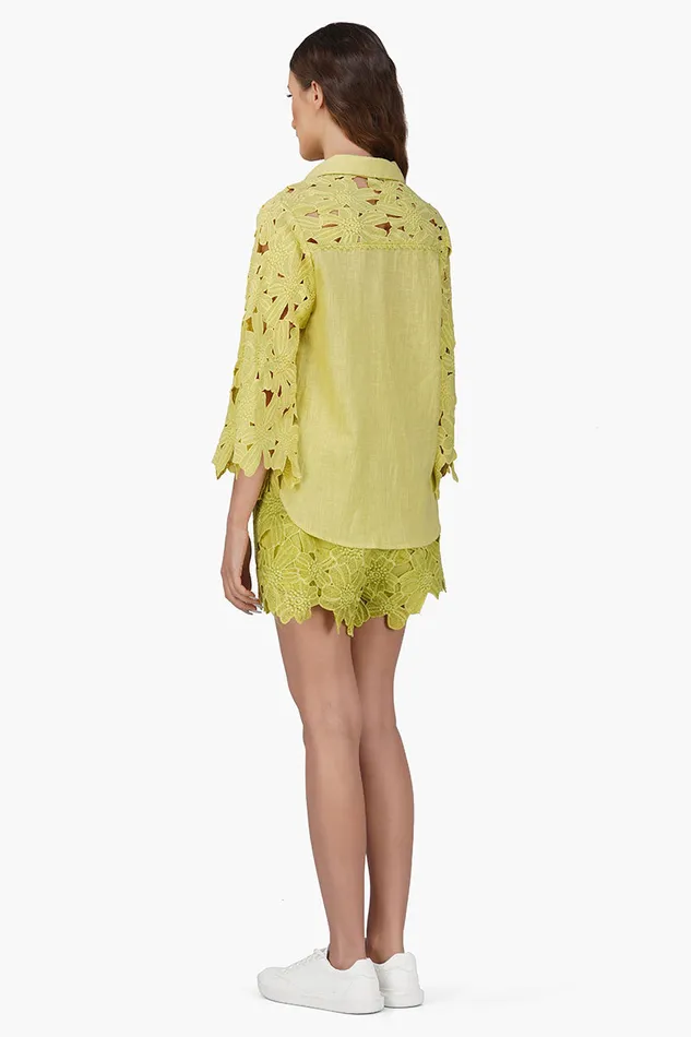 Women Tops America and Beyond Fall For Neon Floral Lace Shirt