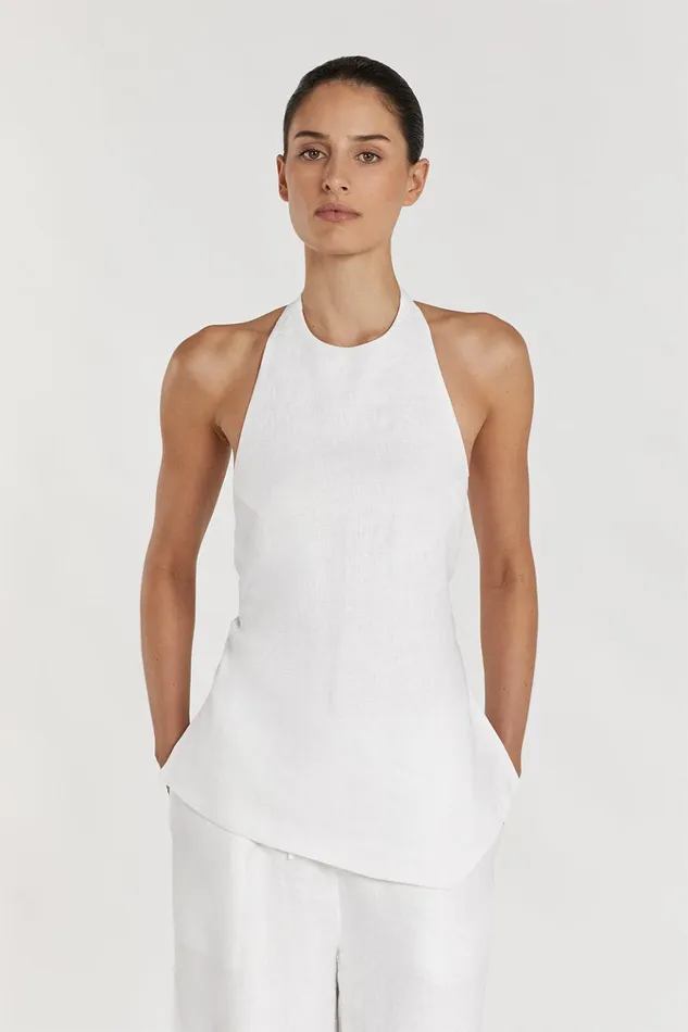 Women Tops DISSH SERENA WHITE LINEN ASYM HALTER TOP