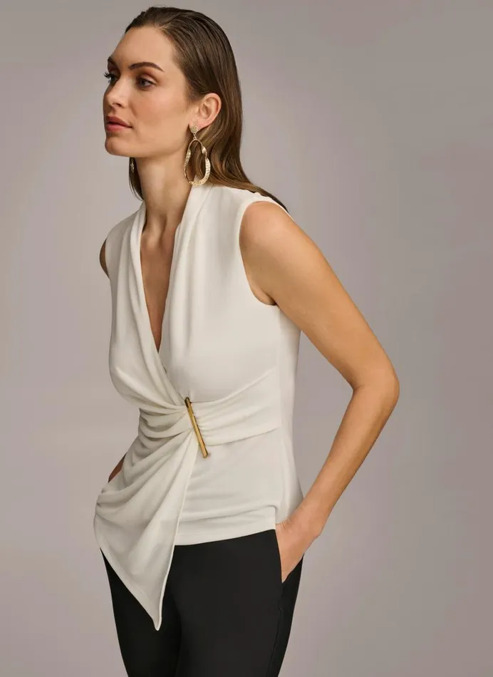 Women VNECK WITH HARDWARE AND RUCHED DETAIL Cream Donna Karan New York Sweaters And Tops Women VNECK WITH HARDWARE AND RUCHED DETAIL Cream Donna Karan New York Sweaters And Tops