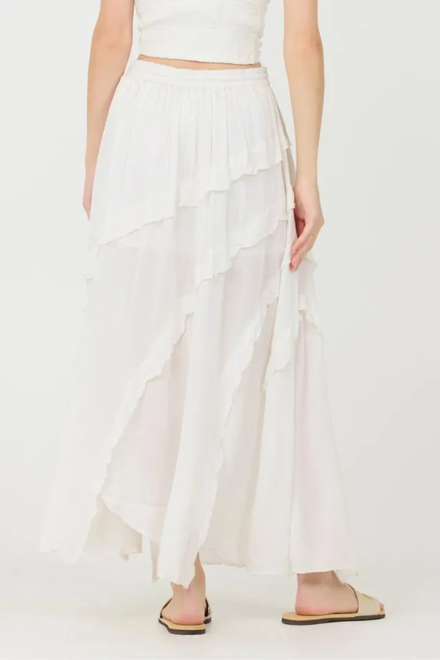 Women Vintage Havana All Bottoms Clean White Rayon Crinkle Ruffle Maxi Skirt Clean White