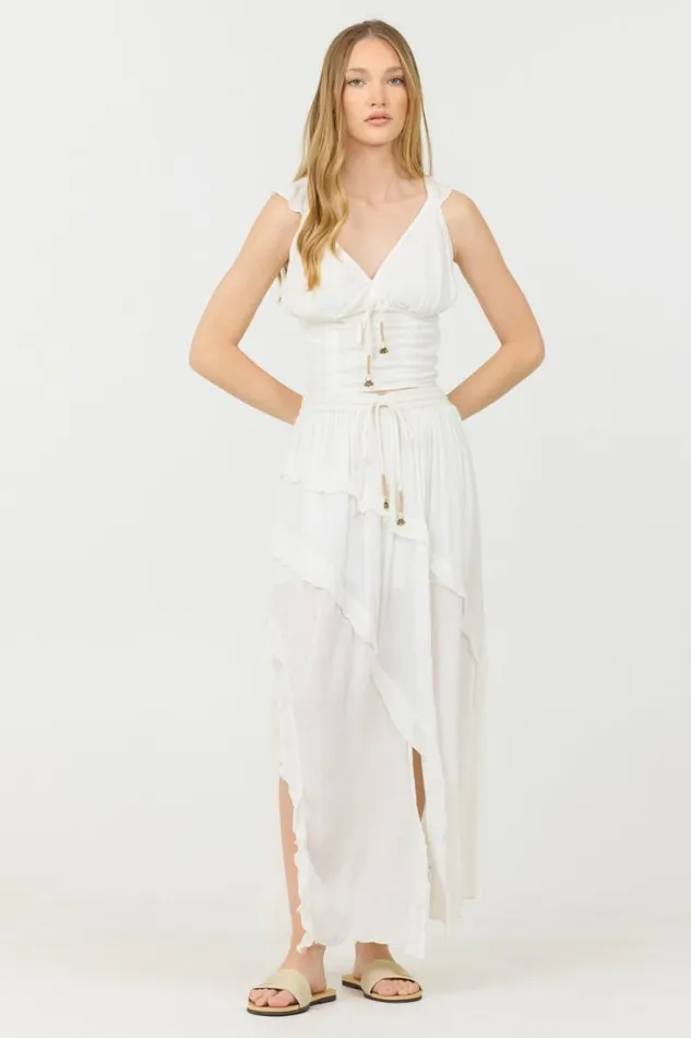 Women Vintage Havana All Bottoms Clean White Rayon Crinkle Ruffle Maxi Skirt Clean White