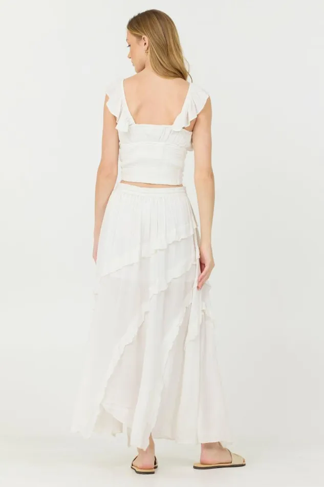Women Vintage Havana All Bottoms Clean White Rayon Crinkle Ruffle Maxi Skirt Clean White