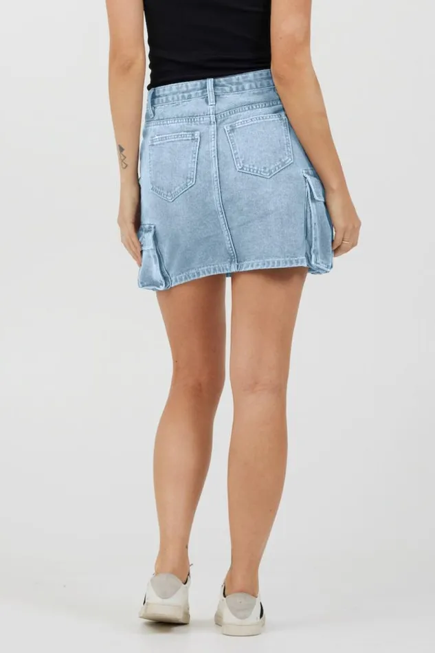 Women Vintage Havana All Bottoms Light Wash Denim Cargo Skirt Light Wash