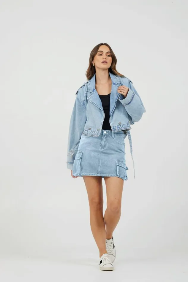 Women Vintage Havana All Bottoms Light Wash Denim Cargo Skirt Light Wash