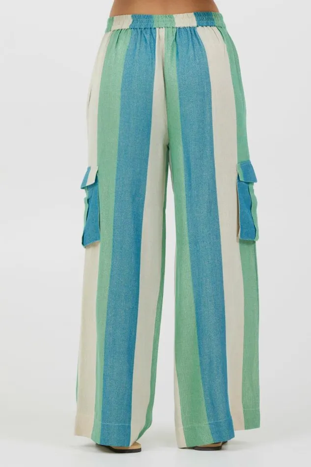Women Vintage Havana All Bottoms Teal Green and Metallic Stripe Lightweight Pants Teal Green