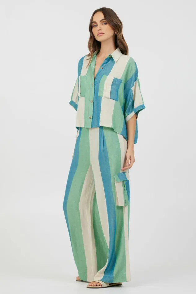 Women Vintage Havana All Bottoms Teal Green and Metallic Stripe Lightweight Pants Teal Green