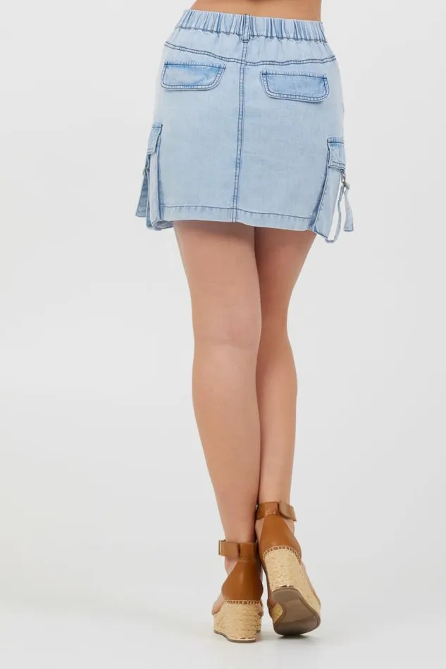 Women Vintage Havana All Bottoms Washed Denim Tencel Cargo Pocket Skirt Washed Denim