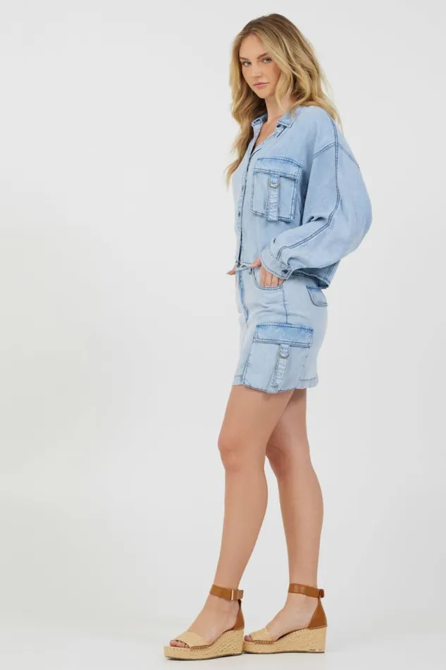 Women Vintage Havana All Bottoms Washed Denim Tencel Cargo Pocket Skirt Washed Denim