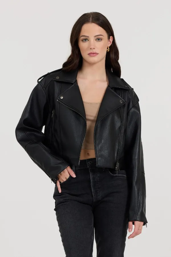 Women Vintage Havana Outerwear Black Leather Moto Jacket Black