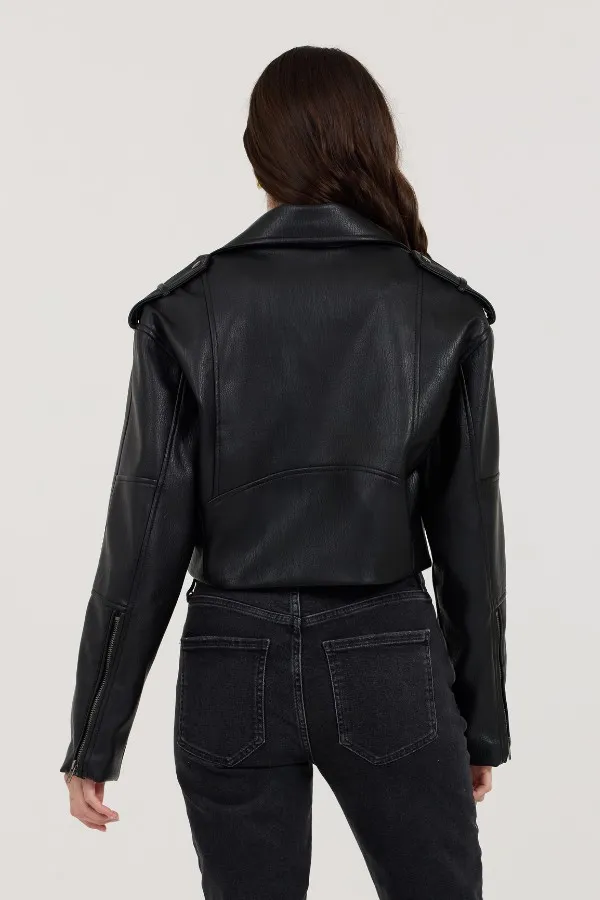 Women Vintage Havana Outerwear Black Leather Moto Jacket Black