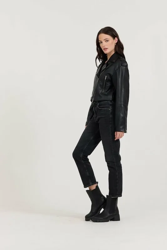 Women Vintage Havana Outerwear Black Leather Moto Jacket Black