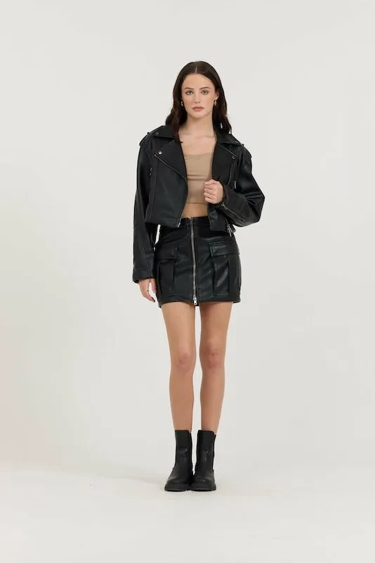 Women Vintage Havana Outerwear Black Leather Moto Jacket Black
